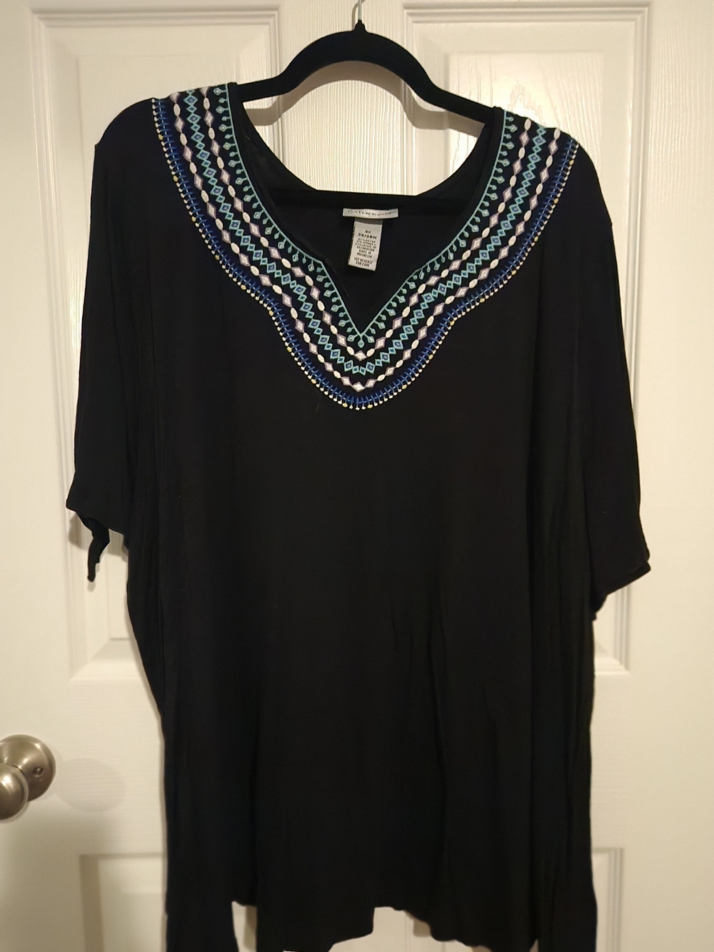 Catherines Black Tunic with Blue & Teal Embroidered V-Neck